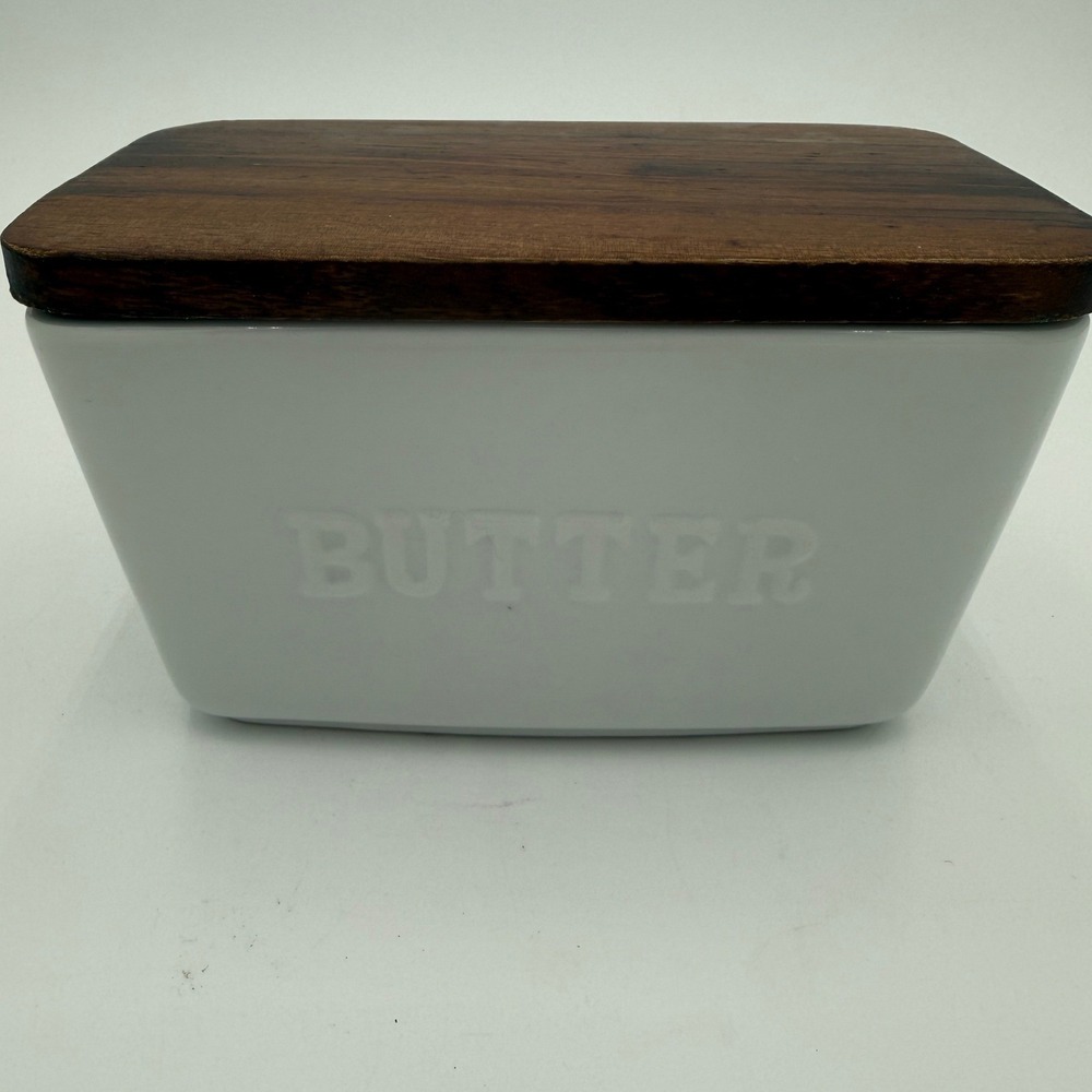 Better Homes & Gardens White Ceramic Butter Dish with Dark Wood Lid Farmhouse